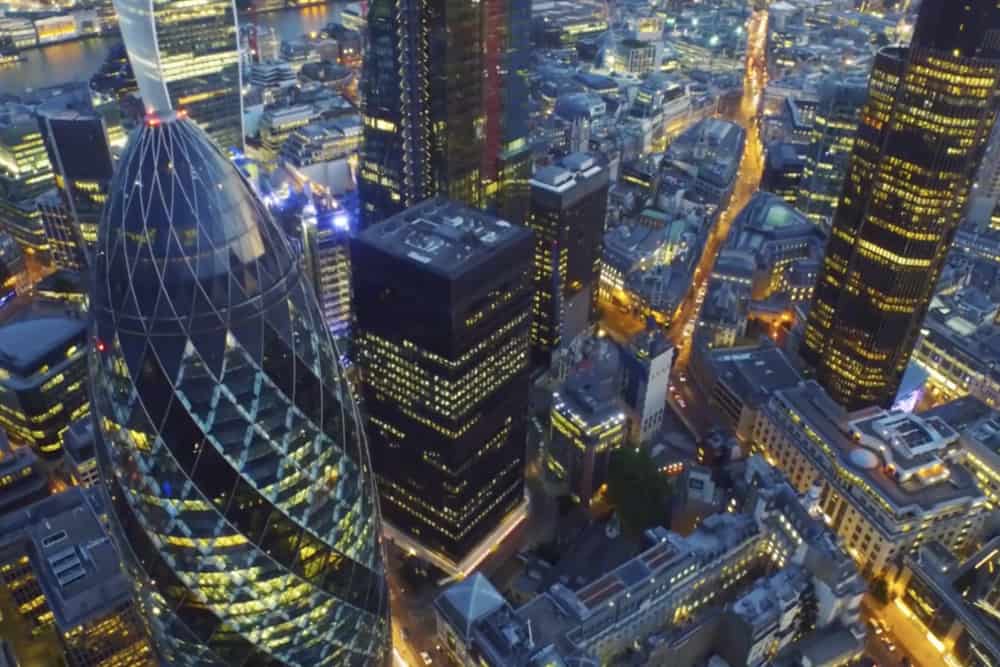 Birdseye view of London's bustling Financial district featuring the famous Gherkin